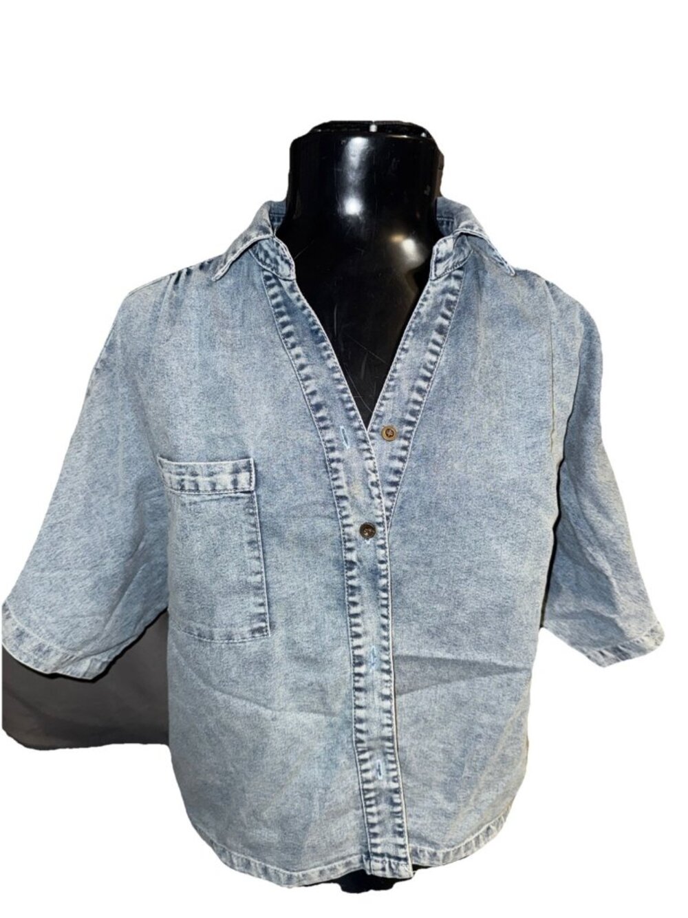 Womens Zilcremo M Crop Y2K Shirt Blue Denim Button Up Relaxed Tunic 95% Cotton